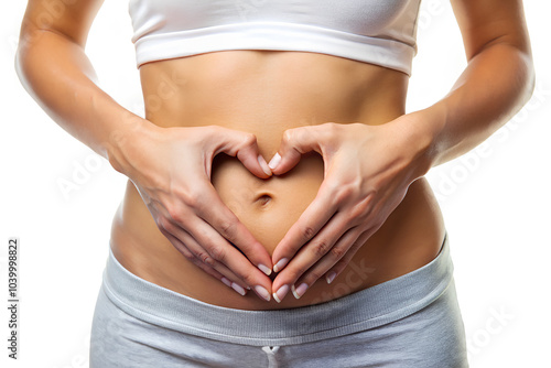 Woman with hands heart shape on stomach for good intestine excrete 