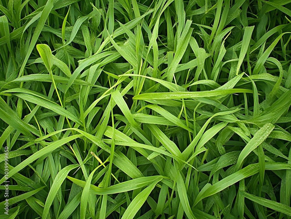 A dense patch of vibrant green grass with long, slender leaves. A dense patch of vibrant green grass with long, slender leaves.