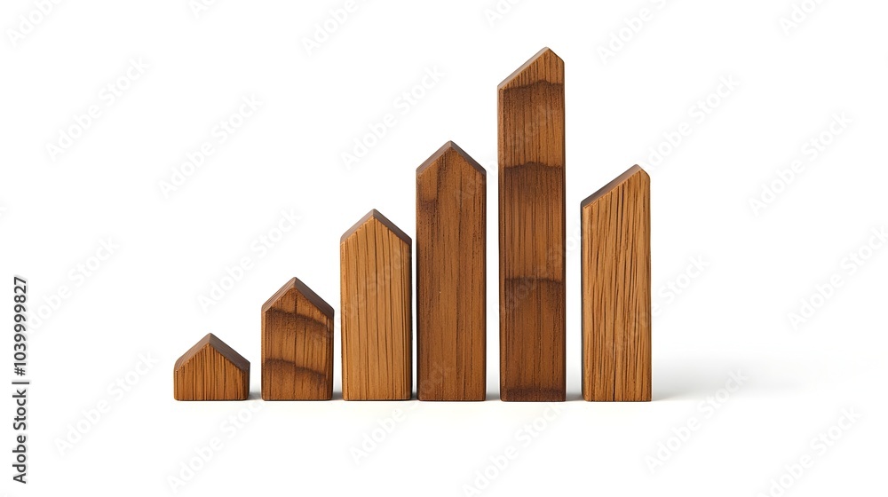 Minimal Wooden Business Growth Chart with Rising Bars on White Background Minimal Wooden Business Growth Chart with Rising Bars on White Background