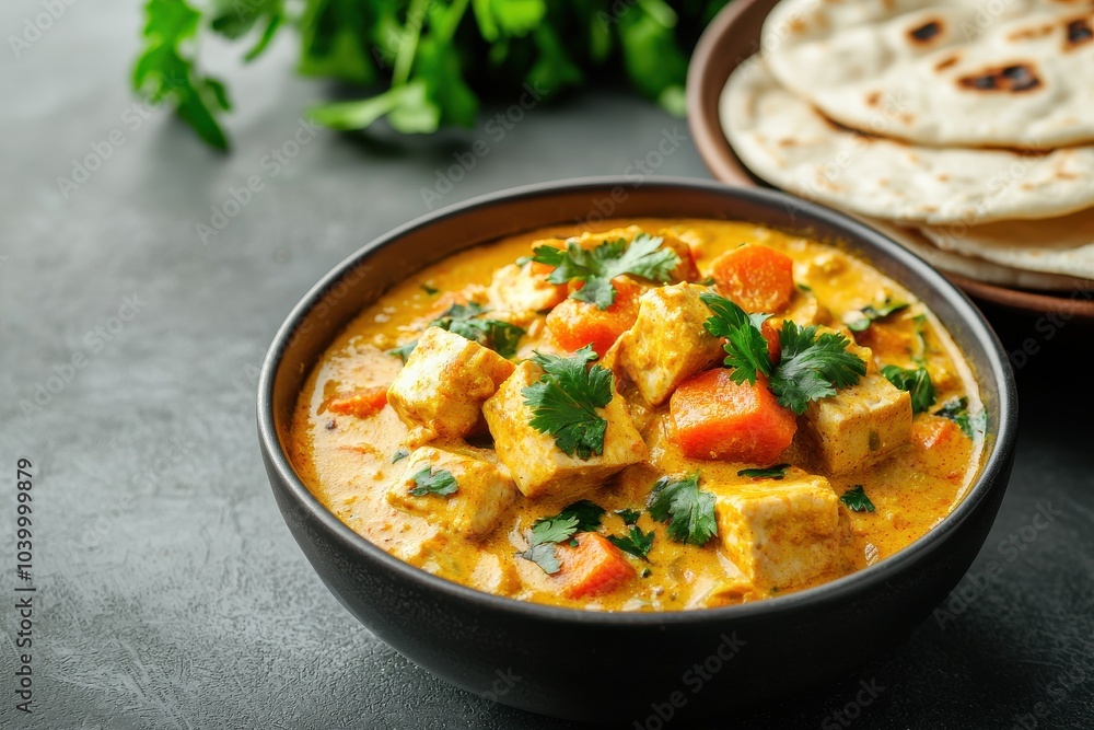 Bowl of creamy yellow curry with tofu, carrots, and fresh cilantro. It is served with a side of flatbread on a grey surface. Bowl of creamy yellow curry with tofu, carrots, and fresh cilantro. It is served with a side of flatbread on a grey surface.