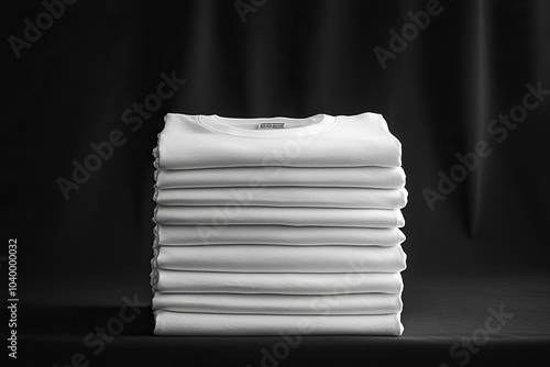 A neat stack of white t-shirts on a black background. Generated by artificial intelligence photo