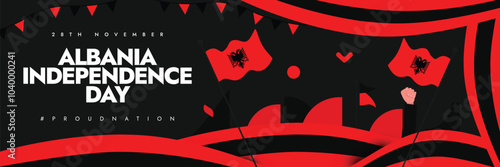 Albania Independence Day 28th November. Albanian freedom day celebration cover banner, post with its flags, modern abstract art elements in flag colours. The day recalls the freedom of Albanian people