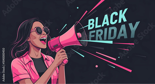 A woman enthusiastically announces Black Friday with a pink and white megaphone. The bold 