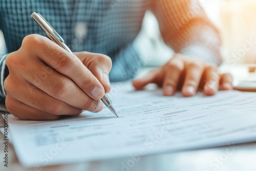 A person is writing on a sheet of paper with a pen, focusing on the task with a blurred background, suggesting an atmosphere of concentration and productivity.