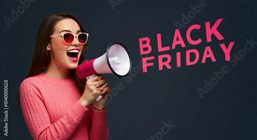 A woman enthusiastically announces Black Friday with a pink and white megaphone. The bold 