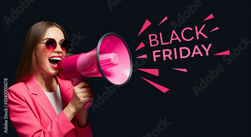 A woman enthusiastically announces Black Friday with a pink and white megaphone. The bold 