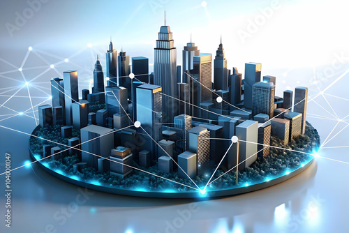 Abstract City Skyline with Glowing Digital Connections Bokeh Lights Concept for Smart Cities Global Connectivity Photo Stock with Ample Copy Space for Text Design Elements #1040001047