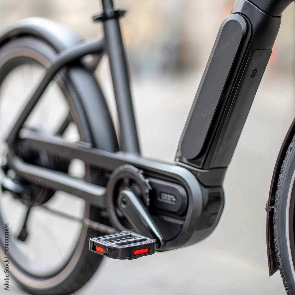 A sleek black electric bike featuring a modern design, showcasing the pedal and battery components for a contemporary urban ride. A sleek black electric bike featuring a modern design, showcasing the pedal and battery components for a contemporary urban ride.
