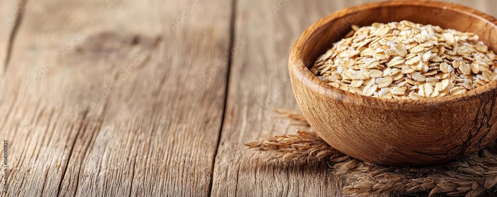 Wooden bowl filled with oats on a rustic wooden table. Wooden bowl filled with oats on a rustic wooden table.