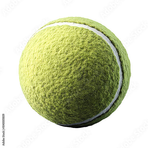 A well-worn tennis ball with a vibrant yellow color, showcasing its fuzzy texture and a visible seam, isolated on white background photo