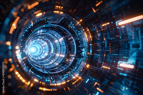 Wallpaper Mural Futuristic Digital Tunnel with Glowing Lights and Circuit Patterns Torontodigital.ca