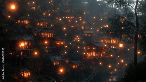 A misty mountainside with a cluster of illuminated houses tucked amongst the trees.