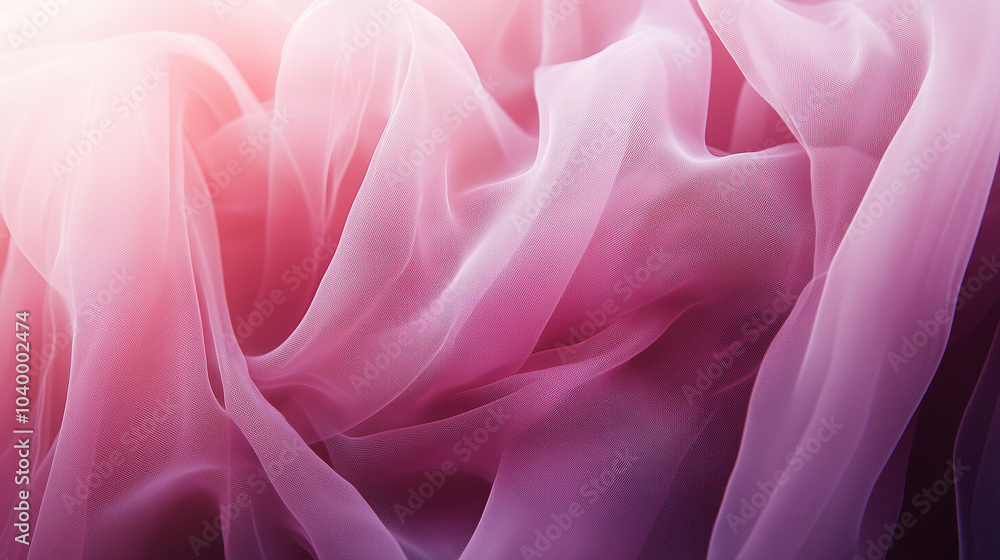 Soft pink and white tulle fabric drapes gracefully, creating a delicate and airy texture, illuminated by gentle studio lighting Soft pink and white tulle fabric drapes gracefully, creating a delicate and airy texture, illuminated by gentle studio lighting