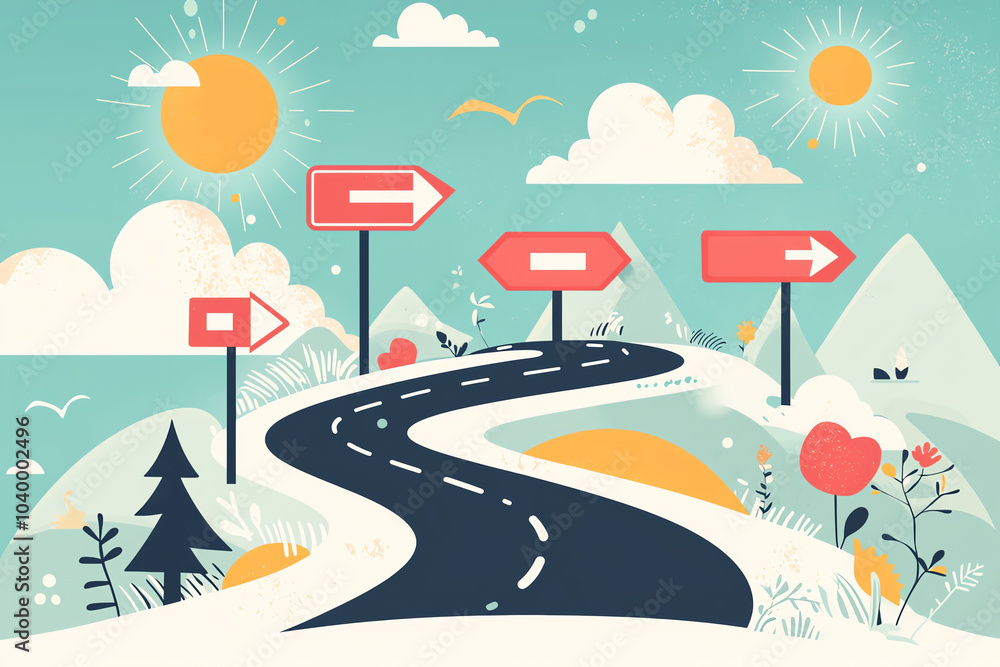 Naklejka premium Path with signposts, representing strategic planning and guidance, flat design illustration