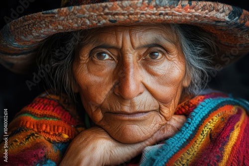 Close-up portrait of an elderly woman in traditional clothing, her face full of wisdom and experience, draped in a colorful woven blanket.