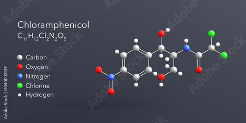 Fototapeta Naklejka Na Ścianę i Meble -  chloramphenicol molecule 3d rendering, flat molecular structure with chemical formula and atoms color coding