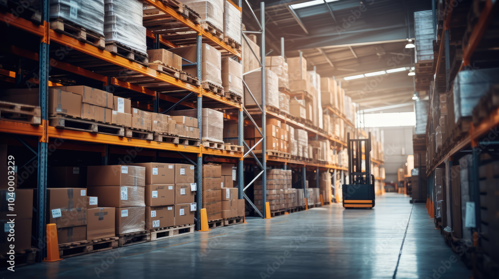 Forklift waiting in warehouse aisle surrounded by packages on shelves Forklift waiting in warehouse aisle surrounded by packages on shelves