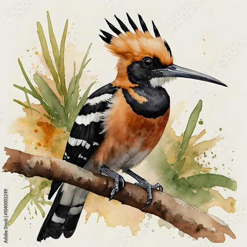 Create a realistic watercolor painting of a hoopoe bird perched on a branch, with its distinctive orange and black plumage, long beak, and fan-shaped crest clearly defined. The bird should be detailed photo