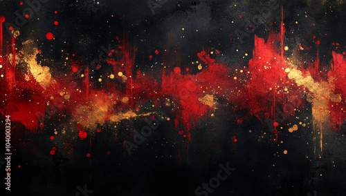 A black and red background with gold and red splatters
