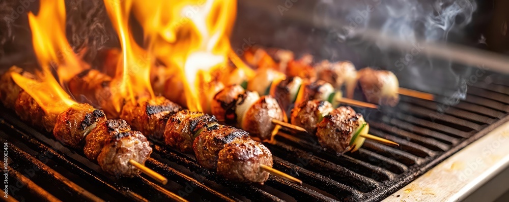 Grilled skewers with flames and smoke, savory meat and vegetables on barbecue. Grilled skewers with flames and smoke, savory meat and vegetables on barbecue.
