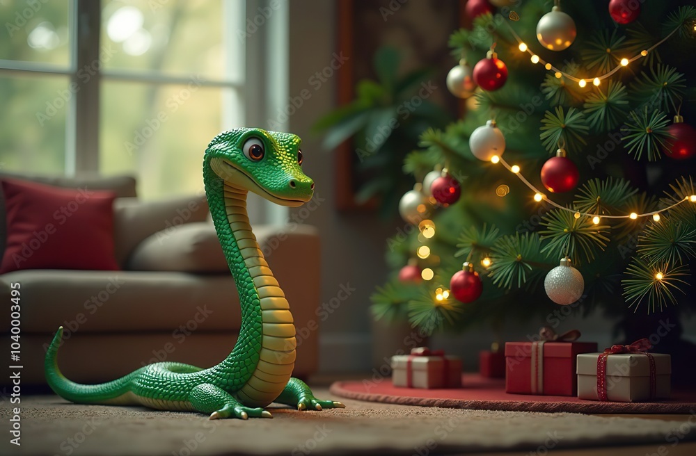 Obraz premium Cartoon green snake near a Christmas tree, which is adorned with ornaments and lights. The scene takes place indoors, possibly in a living room.