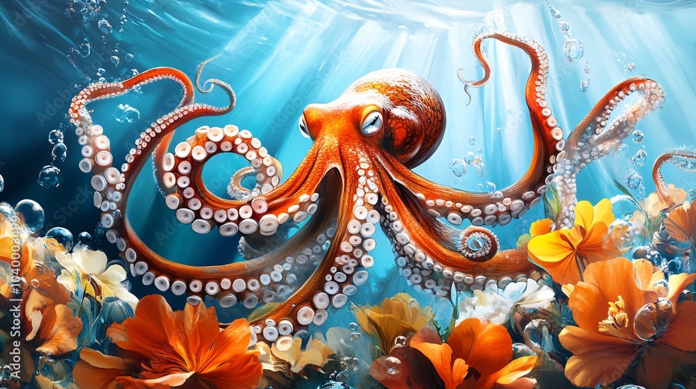 Naklejka premium Octopus in a Sea of Flowers.