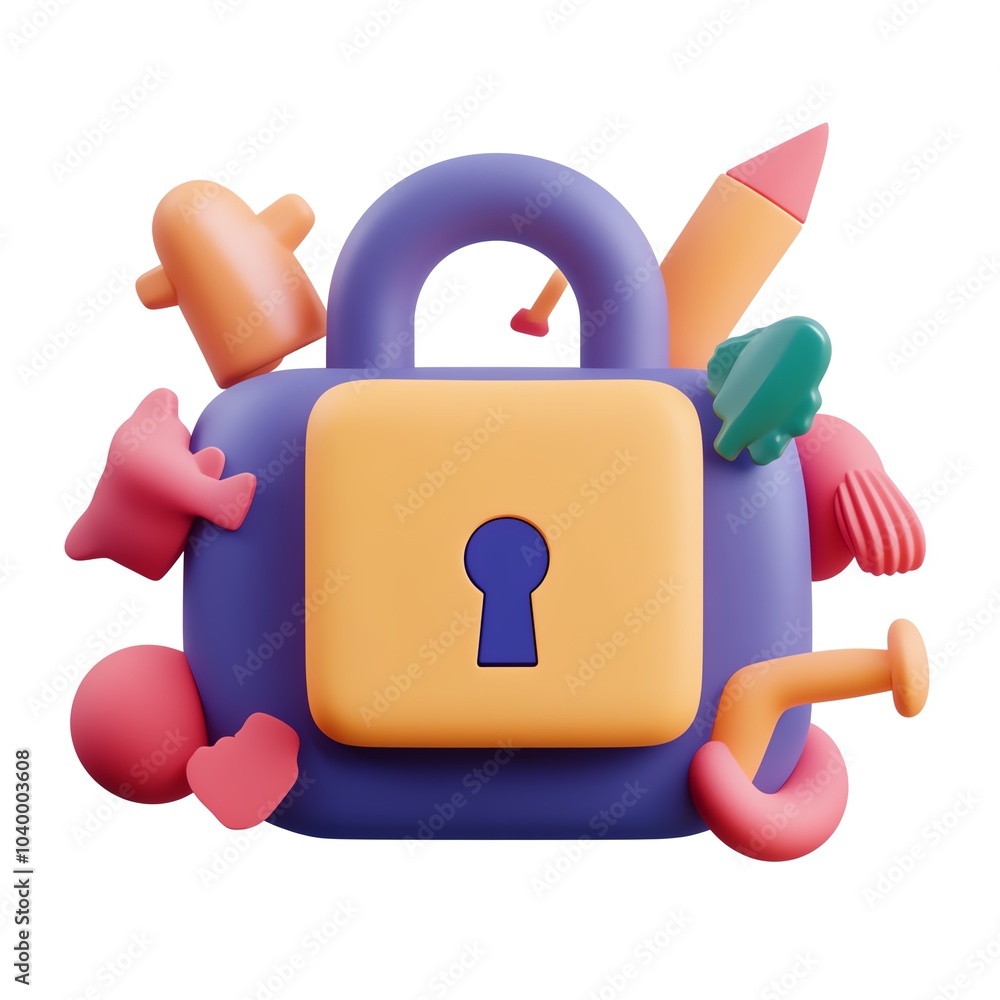 A colorful, whimsical padlock design surrounded by playful shapes, symbolizing creativity and security. A colorful, whimsical padlock design surrounded by playful shapes, symbolizing creativity and security.