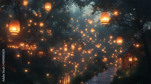 A mystical forest path illuminated by hundreds of glowing lanterns at dusk.