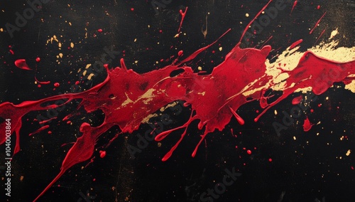 A black and red background with gold and red splatters