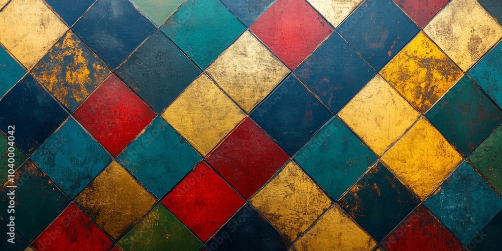 Harlequin Pattern, vibrant blue, red, green, gold, and teal colors create a striking geometric design, perfect for bold visual statements Harlequin Pattern, vibrant blue, red, green, gold, and teal colors create a striking geometric design, perfect for bold visual statements