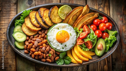 Colombian dish tray paisa plate with beans, ground meat, arepa, fried egg, chicharron, French fries, chorizo, salad, ripe plantain, avocado