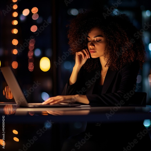 A woman with curly hair works at a laptop in a dimly lit room, illuminated by soft lights, conveying focus and determination.