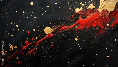 A black and red background with gold and red splatters