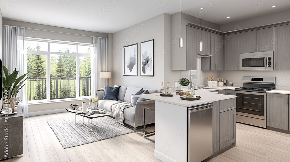 Fototapeta premium Bright open-concept area with sleek lines and large windows overlooking a garden