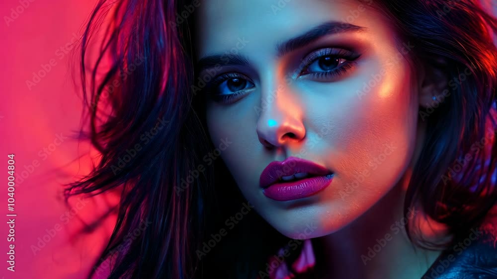 A close-up portrait of a woman with striking features against a vibrant pink background. A close-up portrait of a woman with striking features against a vibrant pink background.