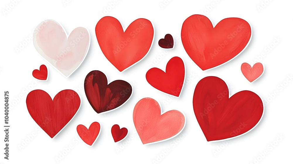 Assortment of red heart shaped stickers in various textures styles and finishes including glossy matte and metallic against a clean white background Assortment of red heart shaped stickers in various textures styles and finishes including glossy matte and metallic against a clean white background