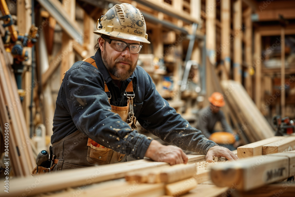 Experienced carpenter working on wood in his workshop Experienced carpenter working on wood in his workshop