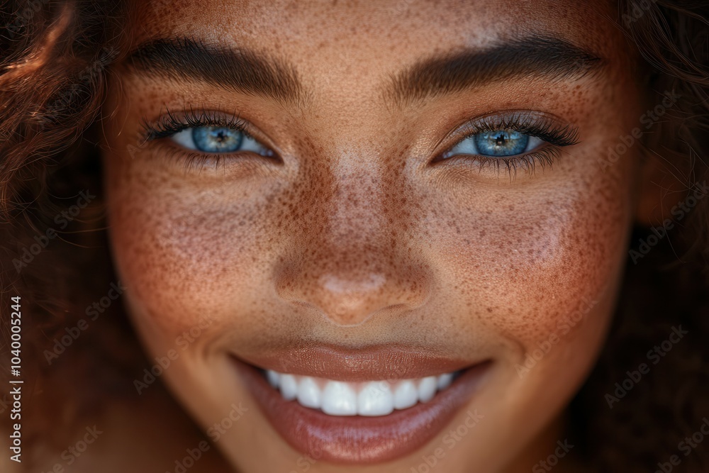 A cheerful young woman is captured up close, revealing her bright blue eyes and a radiant smile. The soft natural light accentuates her freckled complexion, creating an inviting and joyful expression. A cheerful young woman is captured up close, revealing her bright blue eyes and a radiant smile. The soft natural light accentuates her freckled complexion, creating an inviting and joyful expression.