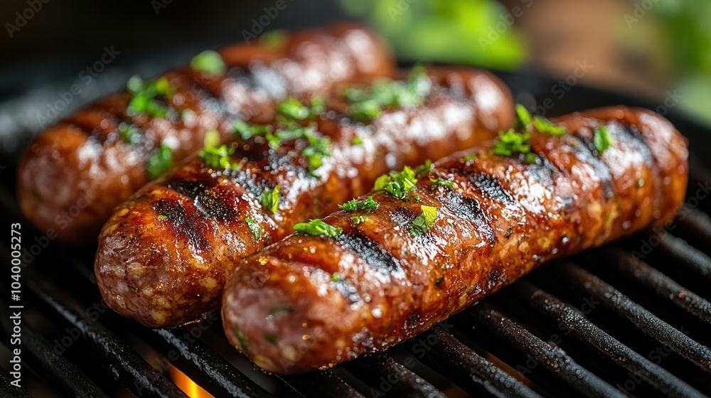 Sausages are grilling on a barbecue, developing a crispy exterior and smoky flavor. Fresh herbs sprinkle the top, enhancing the delicious aroma in the outdoor setting, perfect for a summer gathering. Sausages are grilling on a barbecue, developing a crispy exterior and smoky flavor. Fresh herbs sprinkle the top, enhancing the delicious aroma in the outdoor setting, perfect for a summer gathering.