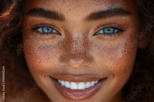 A cheerful young woman is captured up close, revealing her bright blue eyes and a radiant smile. The soft natural light accentuates her freckled complexion, creating an inviting and joyful expression.