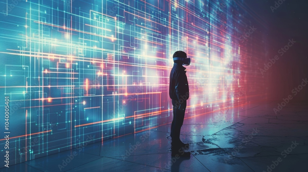 A person standing in front of a blank wall the goggles revealing hidden patterns and images. A person standing in front of a blank wall the goggles revealing hidden patterns and images.