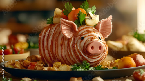 A pig shaped like a turkey with vegetables on top, AI photo