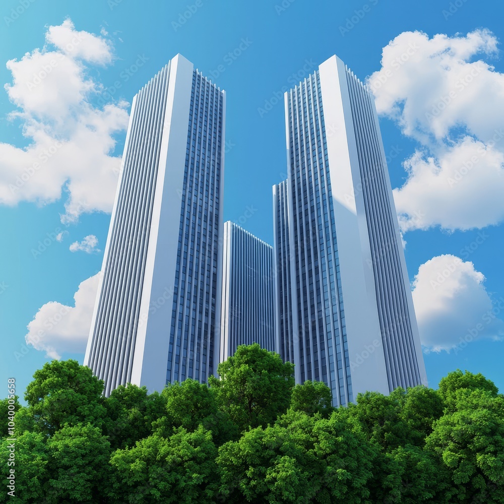 Two modern skyscrapers rise against a clear blue sky, surrounded by lush greenery, creating a striking contrast between architecture and nature. Two modern skyscrapers rise against a clear blue sky, surrounded by lush greenery, creating a striking contrast between architecture and nature.
