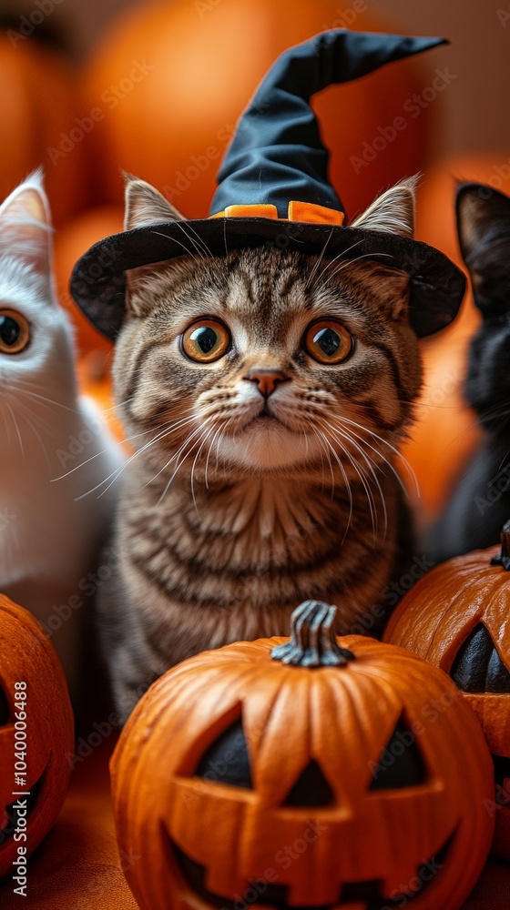 Cute Halloween kittens with pumpkins in festive autumn setting Cute Halloween kittens with pumpkins in festive autumn setting