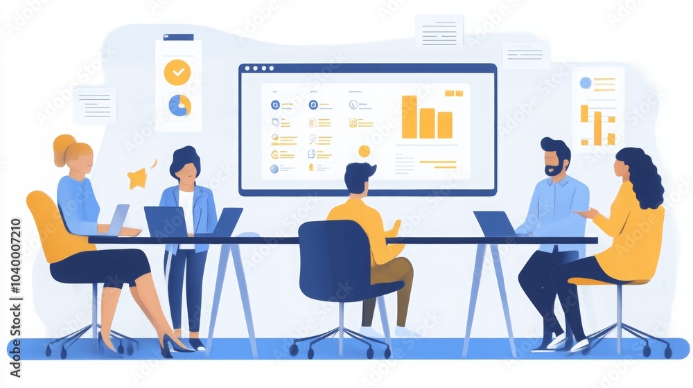 Marketing team discussing social media engagement metrics during a collaborative meeting, charts and graphs displayed on a large screen Marketing team discussing social media engagement metrics during a collaborative meeting, charts and graphs displayed on a large screen