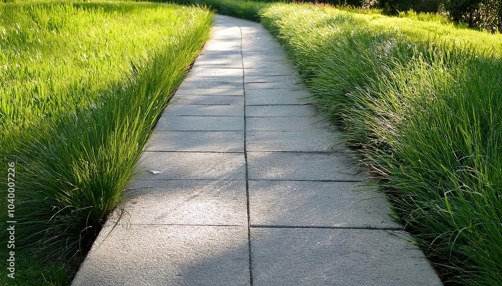 Fototapeta premium Concrete Sidewalk Between Green Grass and Landscaping 