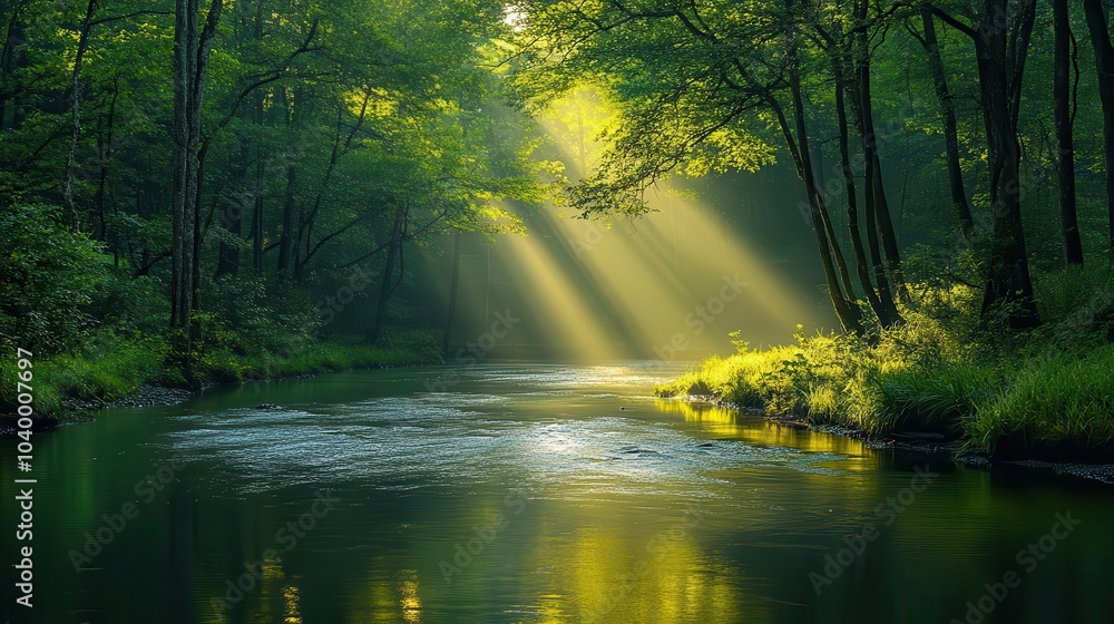 sunlight pierces through the dense green canopy illuminating a tranquil river winding through a lush forest creating a magical light tunnel effect sunlight pierces through the dense green canopy illuminating a tranquil river winding through a lush forest creating a magical light tunnel effect