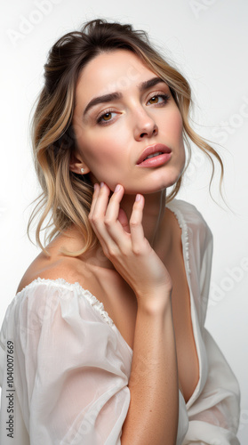 Stunning Beauty Model Portrait Showcasing Flawless Skin and Natural Makeup on White Background