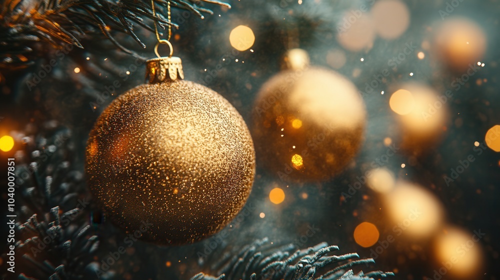 Dazzling golden baubles are suspended delicately against a rich backdrop of festive lights, exuding elegance and warmth that captures the splendor of the holiday season. Dazzling golden baubles are suspended delicately against a rich backdrop of festive lights, exuding elegance and warmth that captures the splendor of the holiday season.
