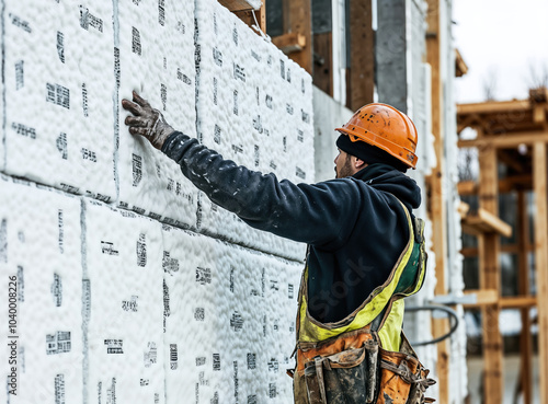 Construction worker installing rigid foam insulation to exterior wall at time of building construction photo